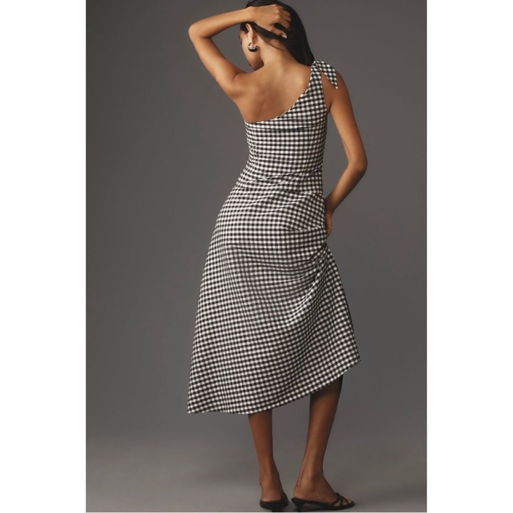 NEW By Anthropologie Black & White One-Shoulder Drop Waist Gingham Dress Small - Picture 2 of 7